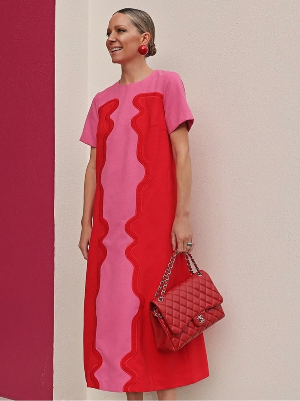 Tuckernuck Pink and Red Wavy-Panel Midi Dress
